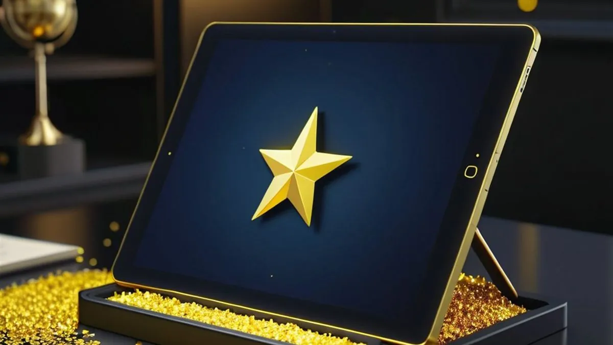 Tablet con una estrella dorada en pantalla azul y confeti dorado sobre la mesa